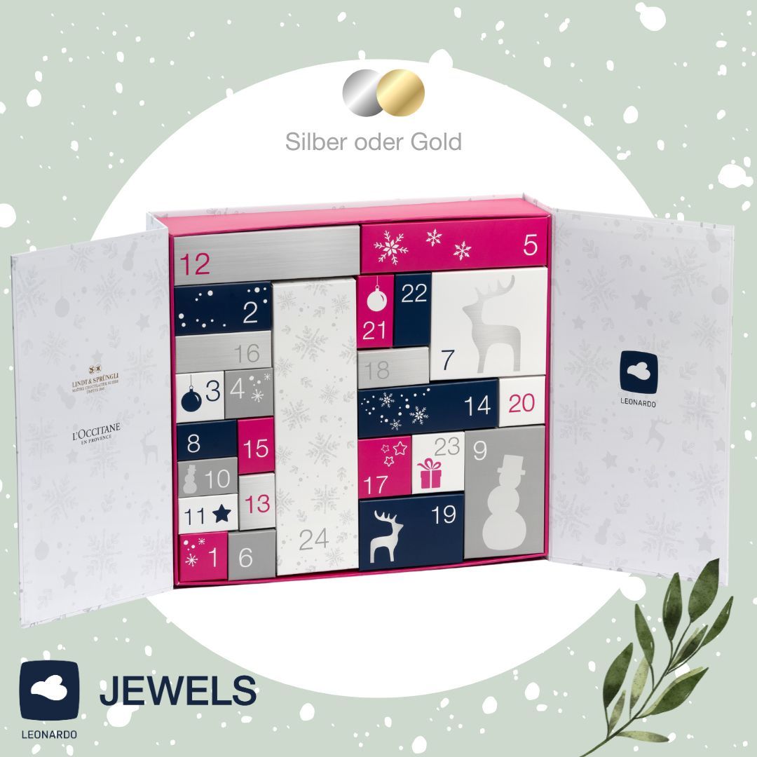 Geöffneter LEONARDO Adventskalender mit 24 liebevoll gestalteten Türchen in Rosa, Silber und Dunkelblau, kombiniert mit L’OCCITANE-Produkten.