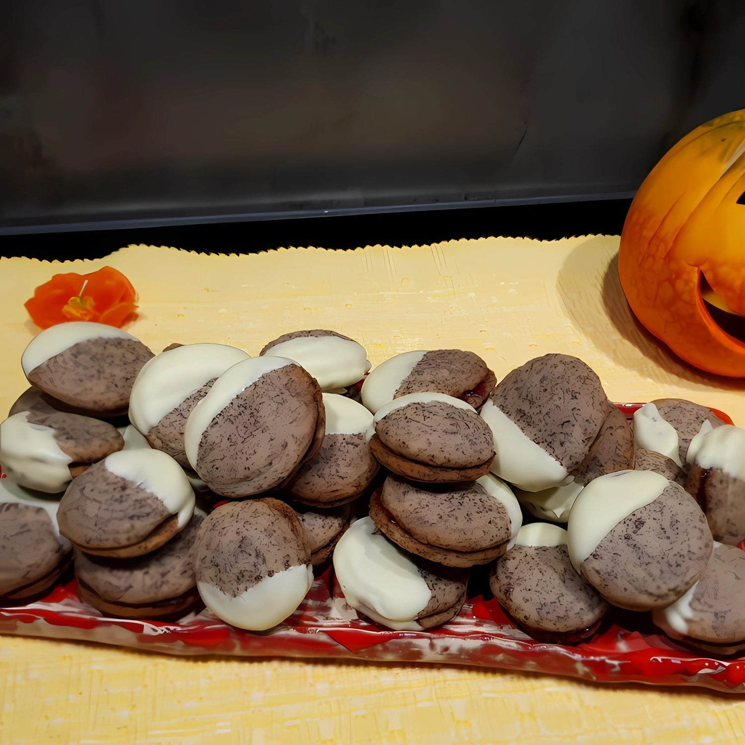 Schoko-Doppelkekse mit weißer Glasur, dekoriert mit Kürbis und Blüte.
