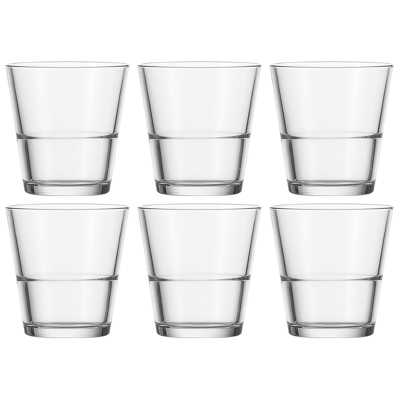 Sechs klare Trinkgläser EVENT 280 ml in zwei Reihen angeordnet