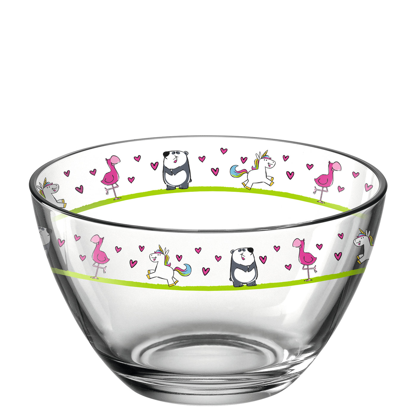 Glassschale BAMBINI mit Flamingo-, Einhorn- und Pandamotiven sowie Herzen