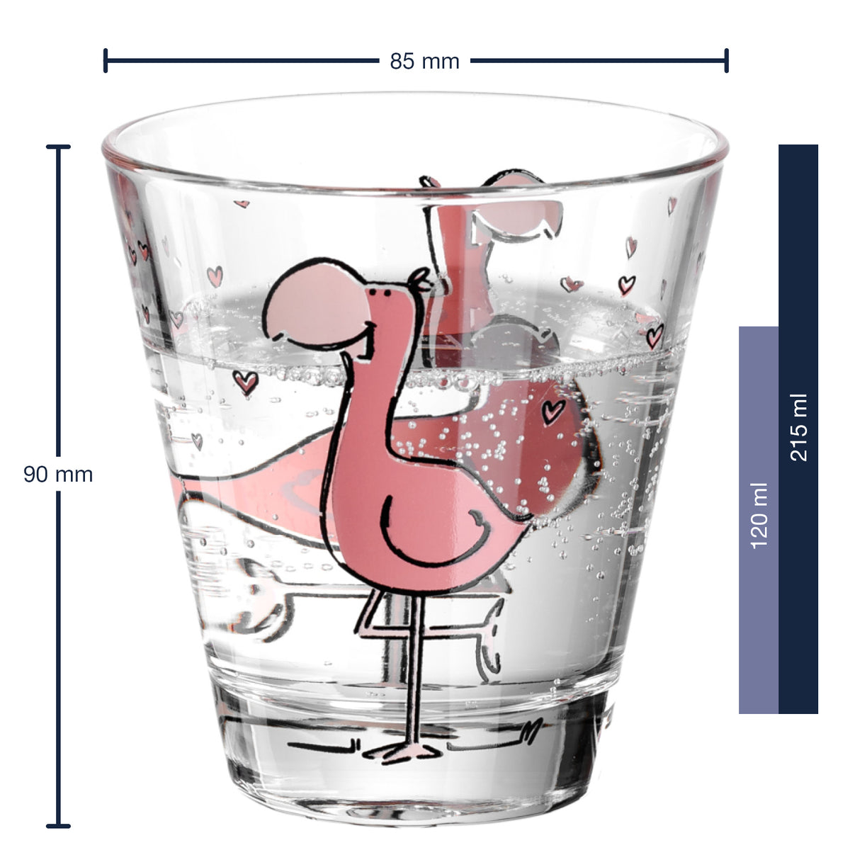 Kinderbecher BAMBINI mit rosa Flamingo-Motiv und Herzchen, Massangaben zum Kinderbecher BAMBINI 215 ml