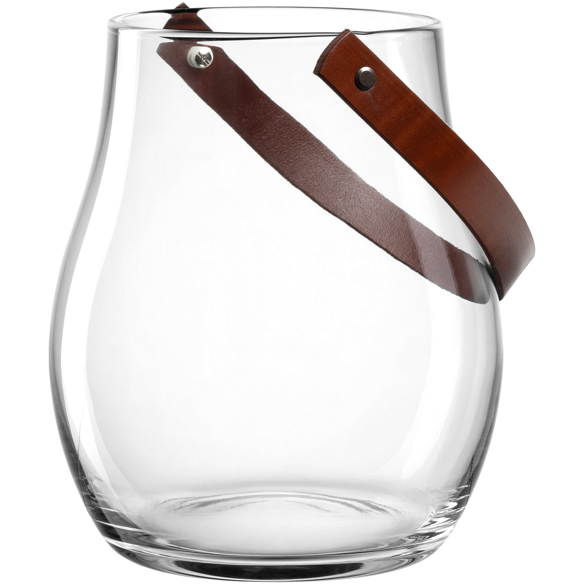 Windlicht GIARDINO mit braunem Lederhenkel, klares Glas
