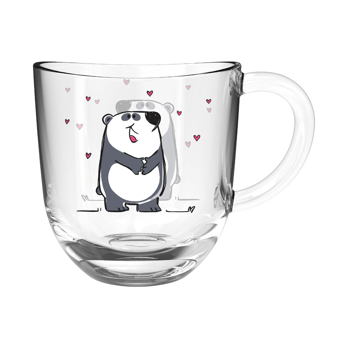 Glastasse BAMBINI 280 ml mit Panda-Motiv und Herzen-Dekor