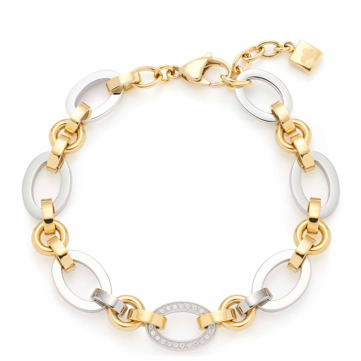 Armband LENA in Bicolor mit alternierenden runden Gliedern aus Gold und Silber, Zirkonia-besetztes Element