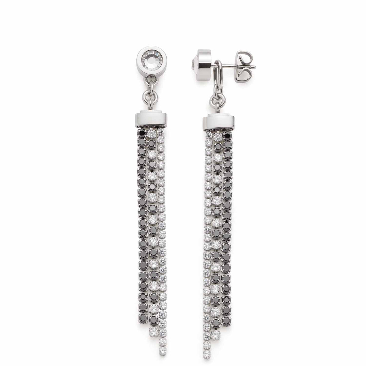 Ohrstecker ATURA mit glänzenden Strass-Elementen in Silber und Grau auf weissem Hintergrund