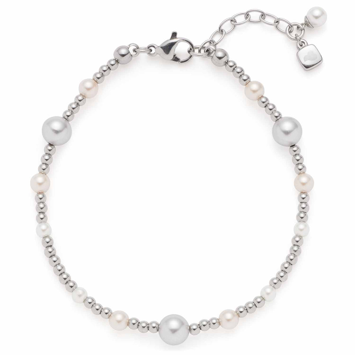 Armband ELSANA silber mit Perlen und Metallperlen, Karabinerverschluss und Verlängerungskette