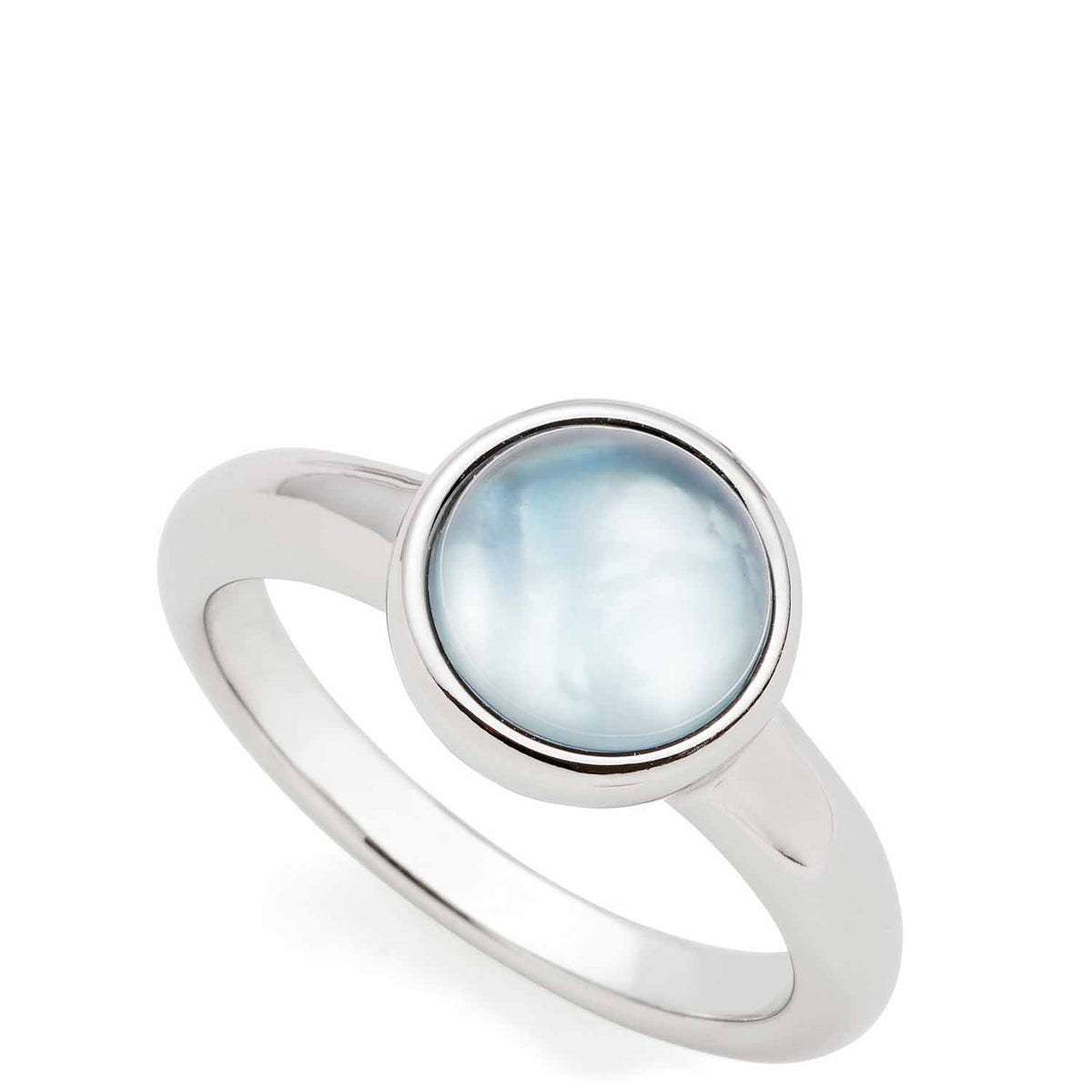 Ring BEA 17 grau blau mit rundem Glaskabochon auf weißem Untergrund