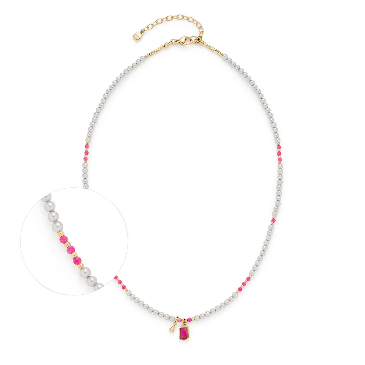 Halskette PINKY mit grauen und rosafarbenen Glasperlen, goldenem Verschluss und Anhänger
