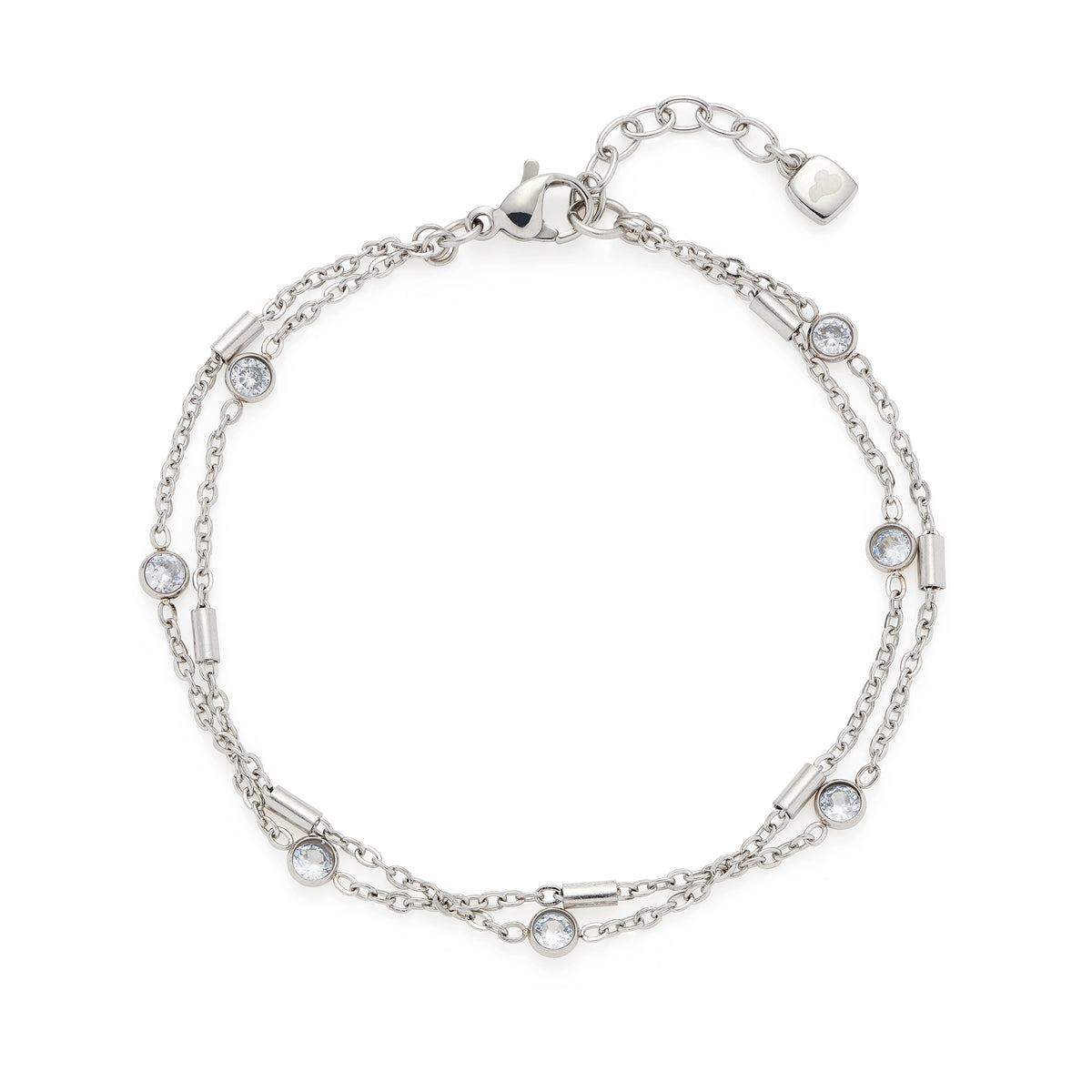 Silbernes Armband FRANCIS CIAO mit Glaselementen und Kettengliedern auf weißem Hintergrund