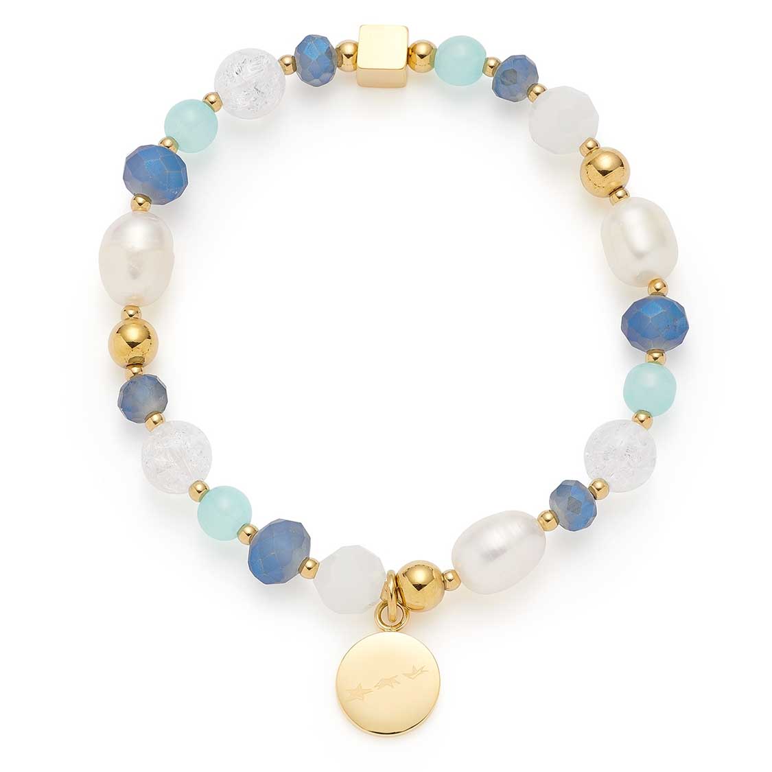 Armband HOPE mit Perlen, blauen Steinen, hellblauen Perlen, goldenen Metallteilen und goldenem Anhänger