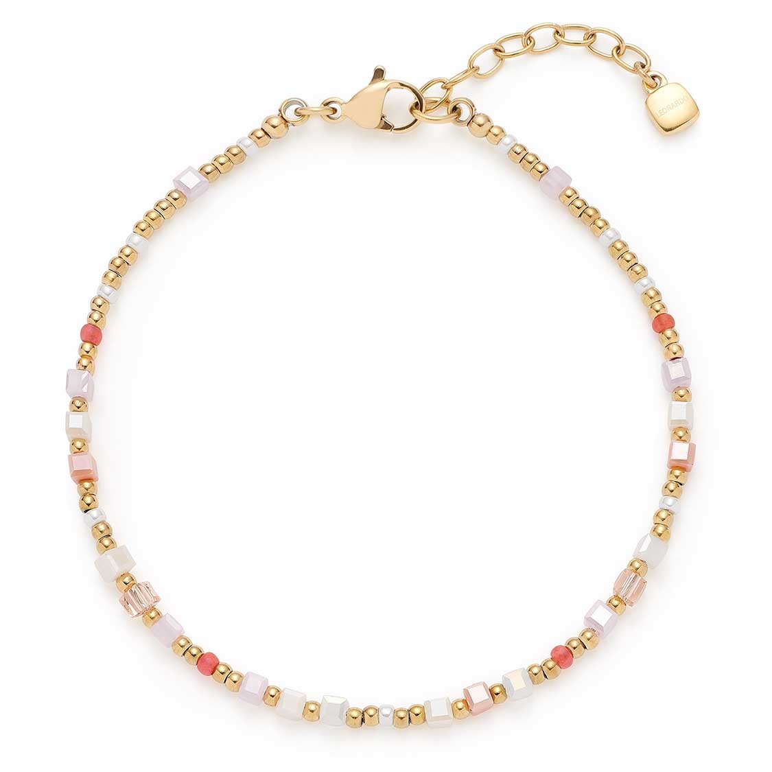 Armband SHARI gold mit bunten Glasperlen und Verschluss auf weißem Hintergrund