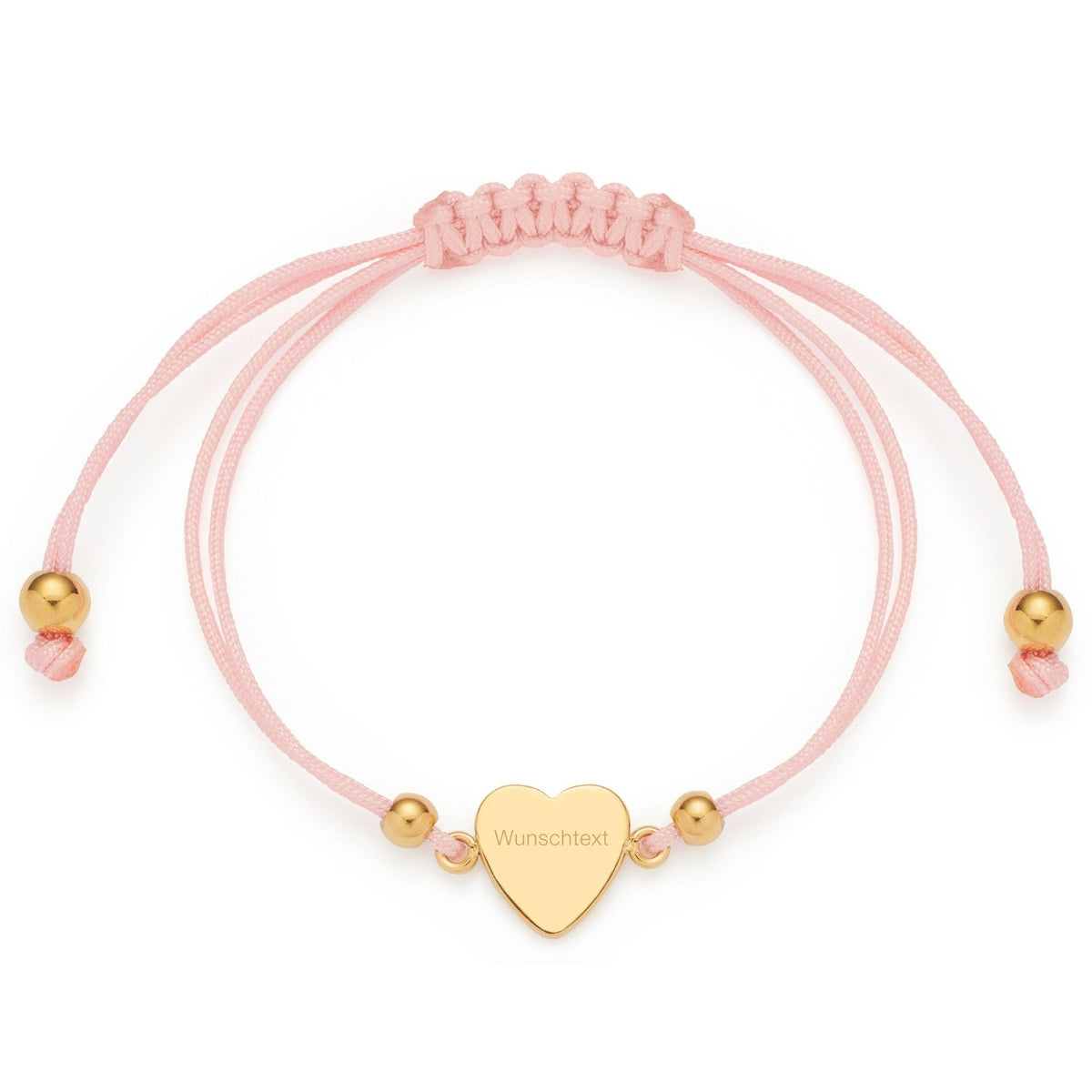 Armband BELLA gold mit herzförmigem Edelstahl-Anhänger und Gravur, rosa Kordel, goldene Perlen
