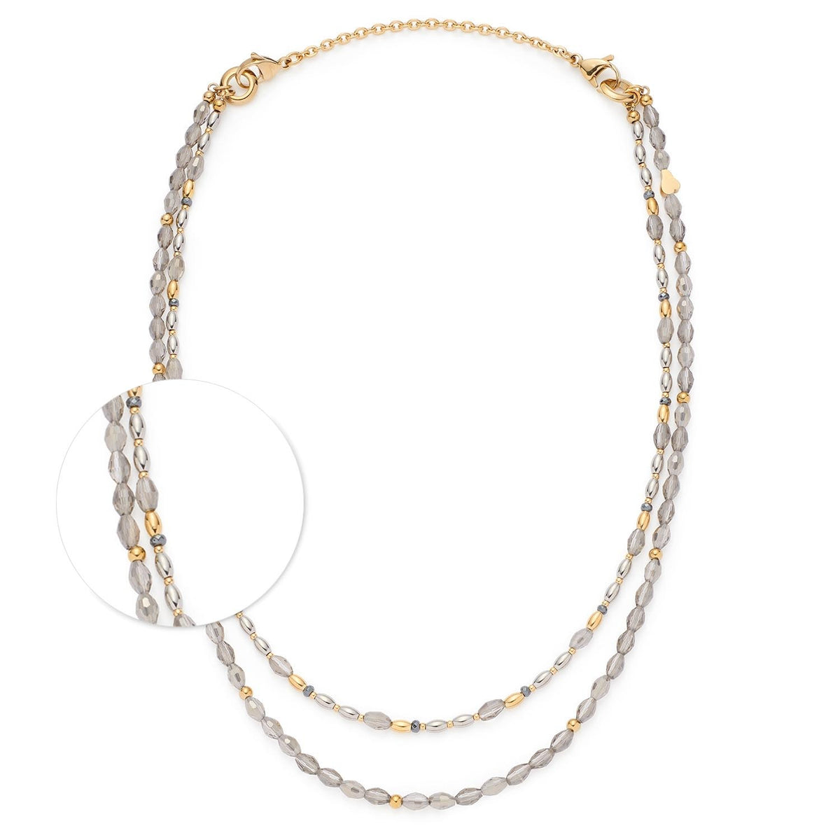 Halskette AGNETA, zweireihig mit Glasperlen in Gold und Silber, Detailansicht der Perlenstränge