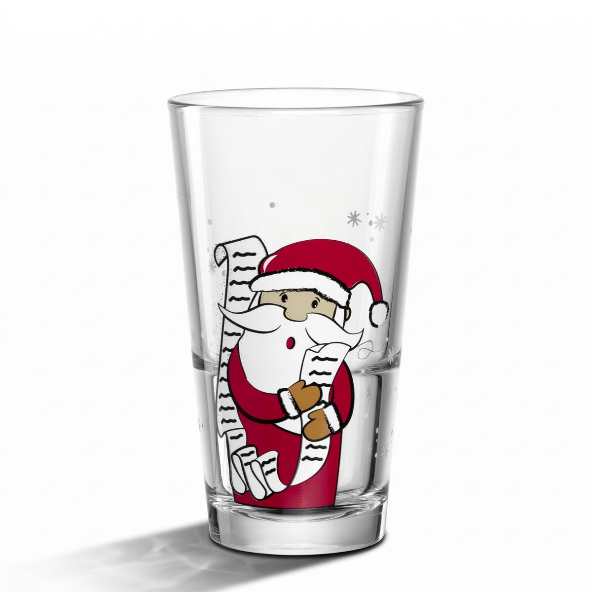 Trinkglas RIPOSO mit Weihnachtsmann-Motiv in Rot und Creme auf weißem Hintergrund