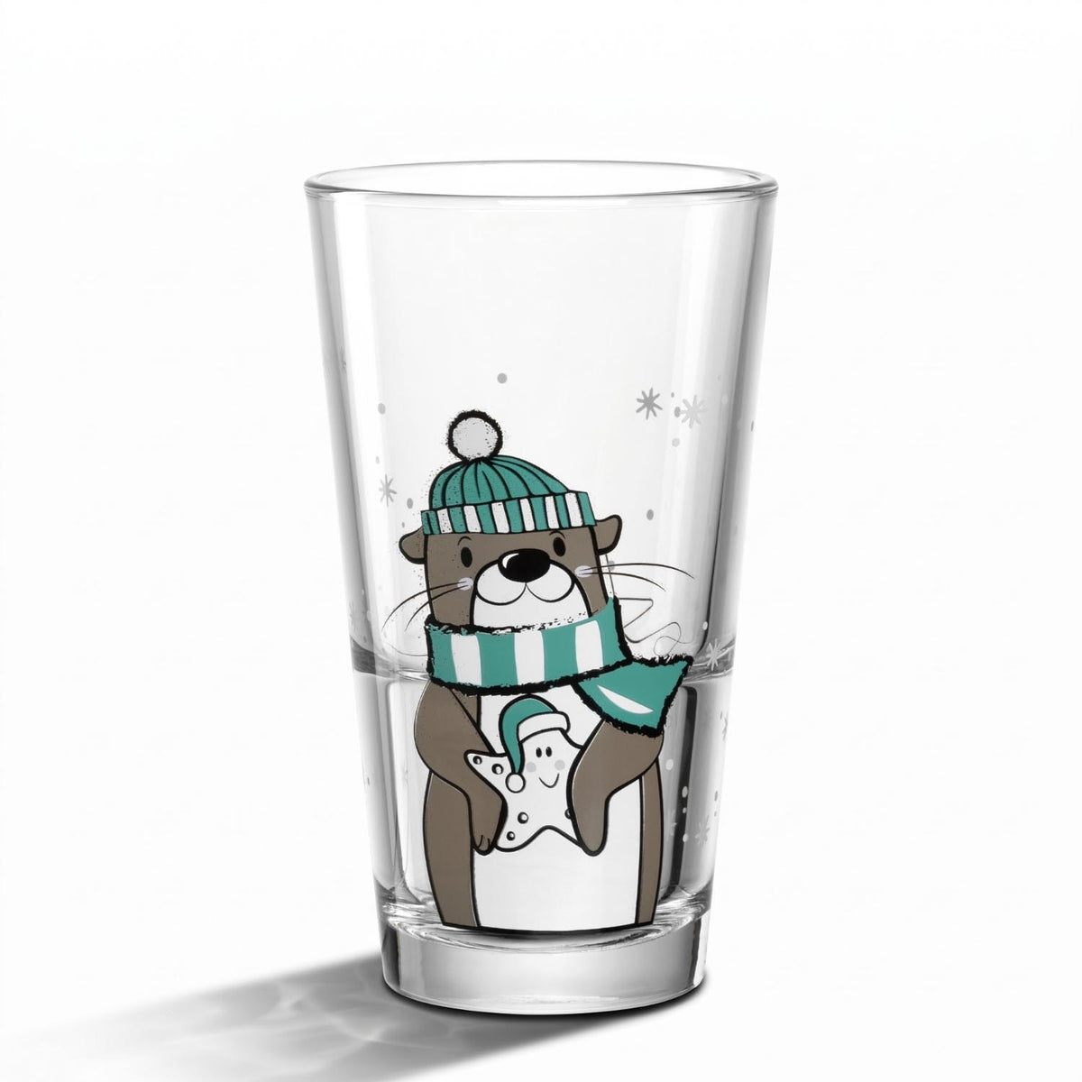 Trinkglas RIPOSO mit Otter-Motiv, grüne Mütze und Schal, Schneeflocken