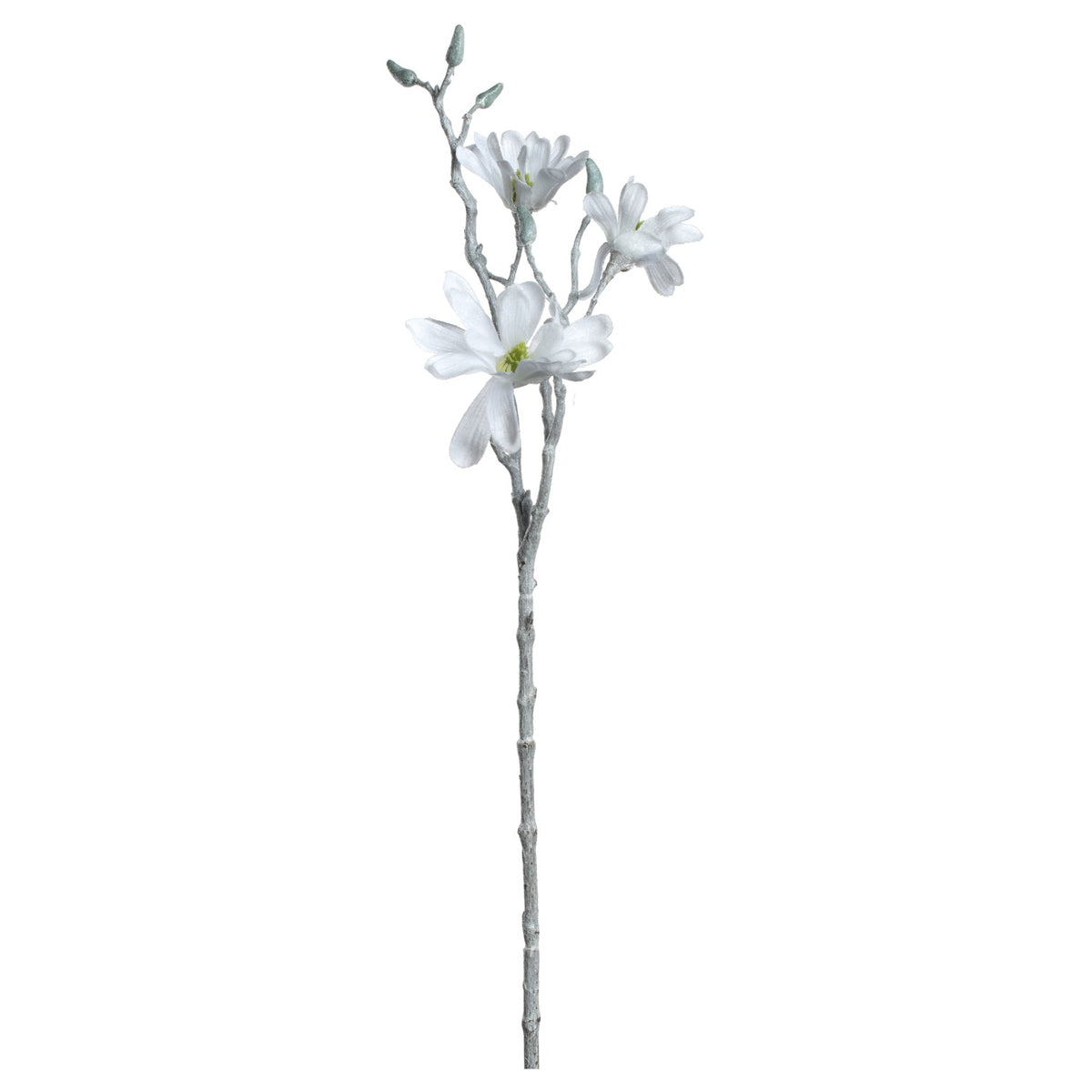 Weiße künstliche Magnolie mit Blüten und Knospen auf grauem Stiel