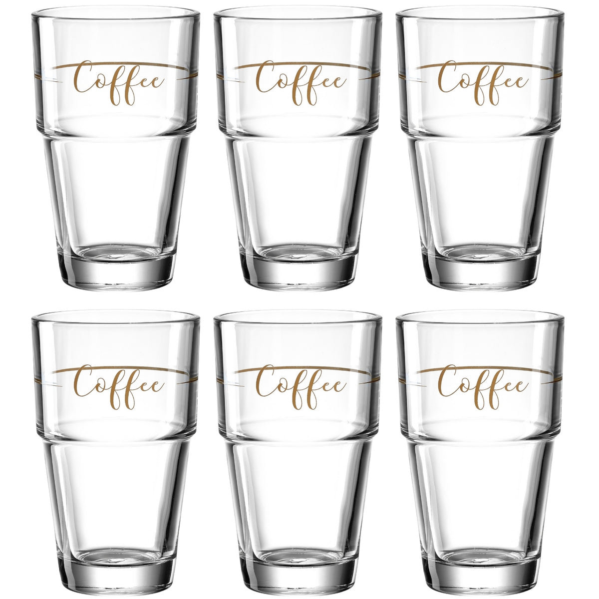 Sechs klare Glasbecher mit goldfarbener Beschriftung "Coffee