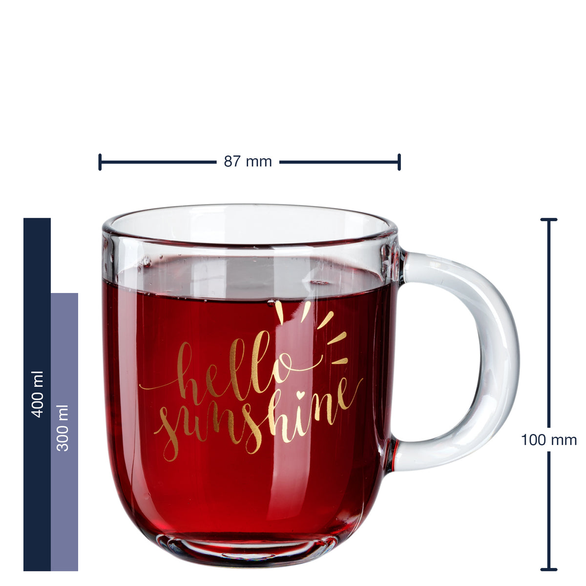Massangaben zu Tasse EMOZIONE 'hello sunshine' mit rotem Inhalt und goldfarbener Gravur