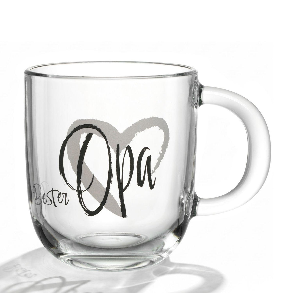Glastasse EMOZIONE mit Schriftzug "Bester Opa" auf weißem Hintergrund