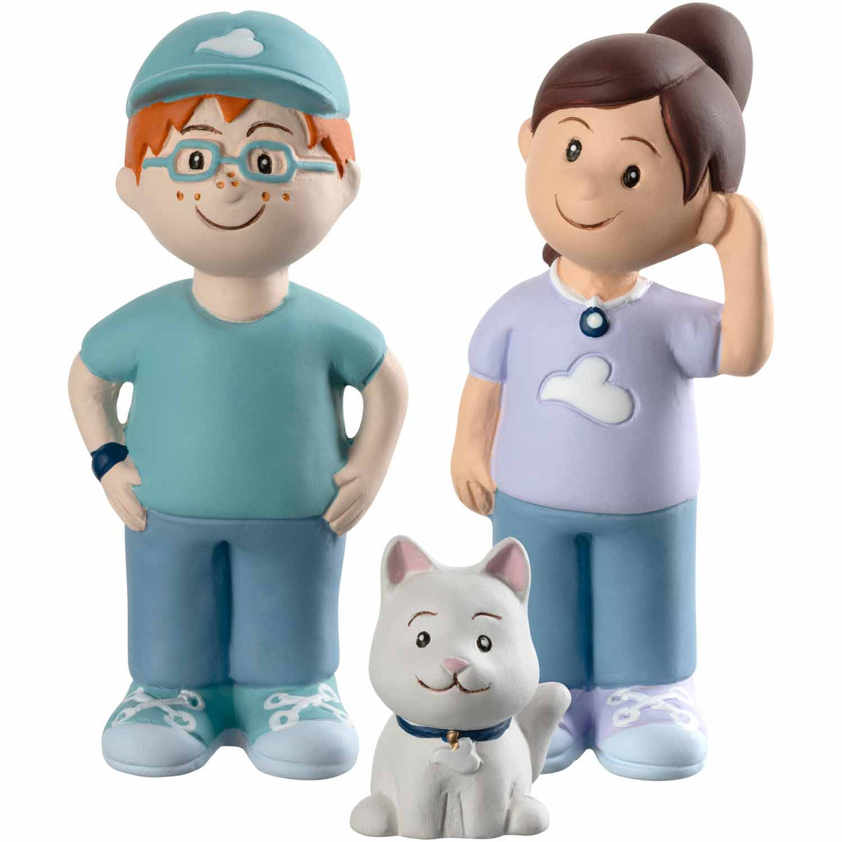 Figurenset BAMBINI AVVENTURA mit zwei Kinderfiguren und einer Katzenfigur aus Keramik