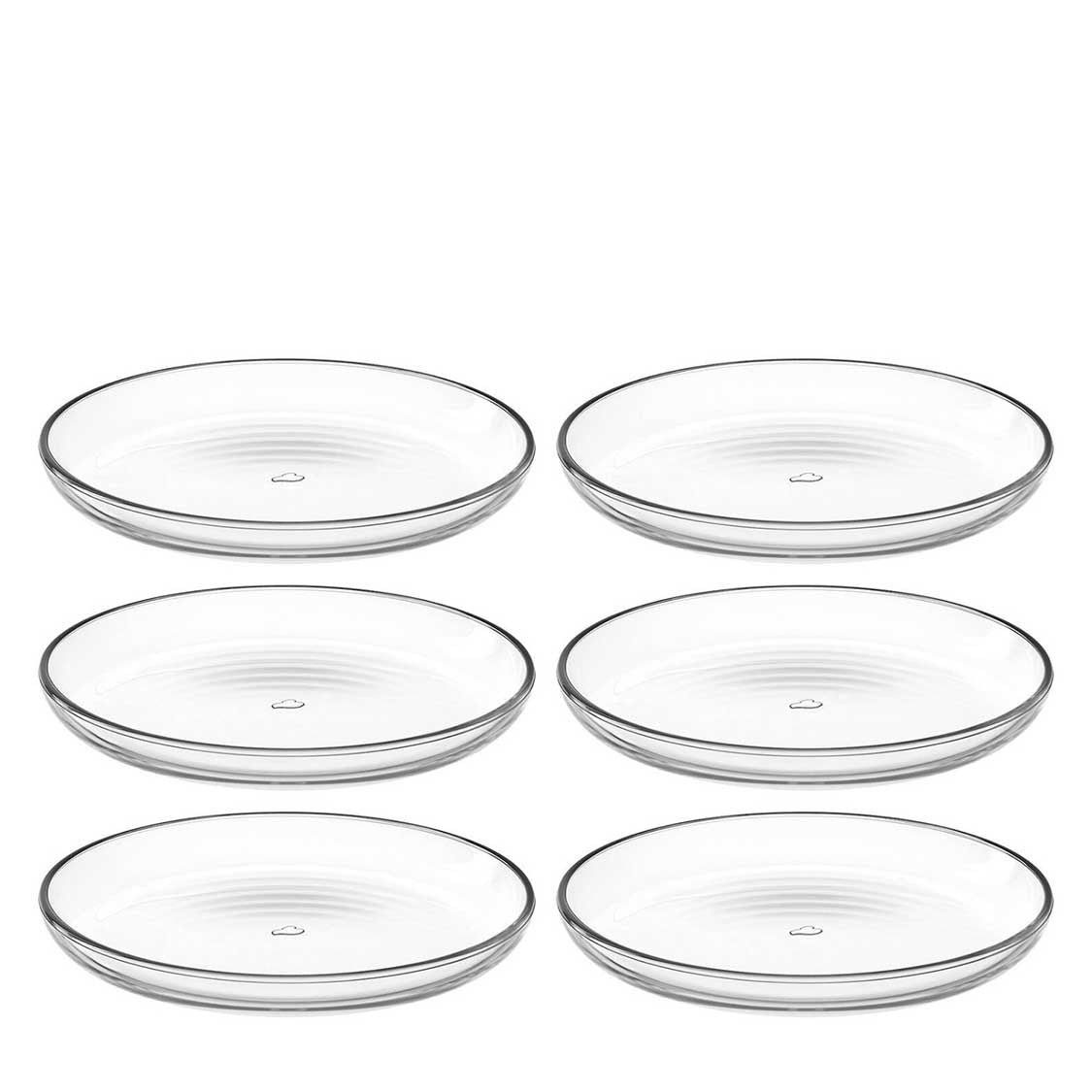 Sechs klare Glasteller CUCINA 18 cm in Reihen angeordnet