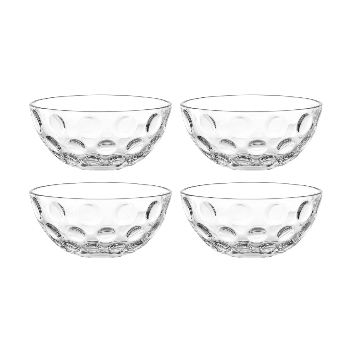 Vier klare Glassschalen CUCINA OPTIC mit Noppen-Muster, angeordnet in 2x2 Reihen