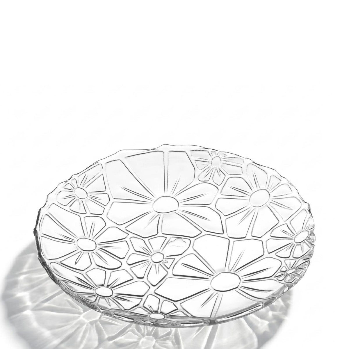 Teller GIORNO 21 cm aus Glas mit Blumenmuster, Draufsicht auf weißem Hintergrund