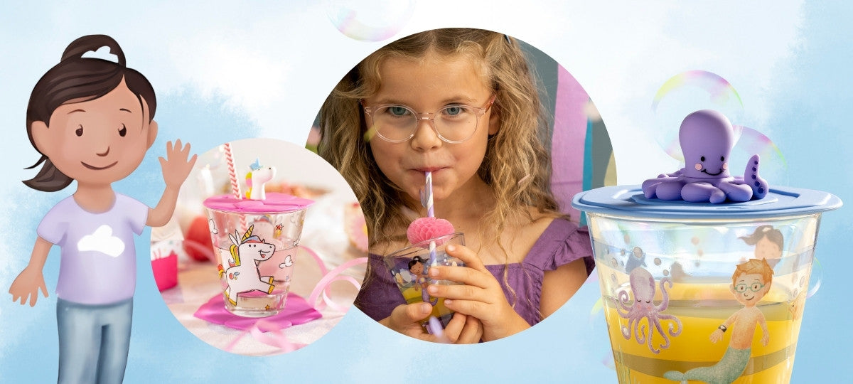 Kinderbanner mit bunten LEONARDO Trinkgläsern mit Tier- und Fantasiemotiven, Mädchen trinkt mit Strohhalm.