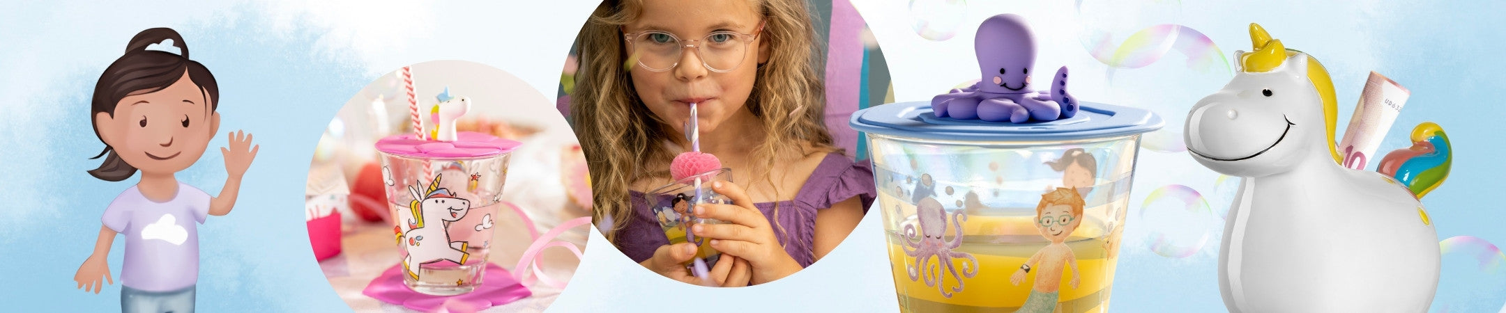 Breiter Kinderbanner mit LEONARDO Gläsern, Einhorn- und Oktopus-Motiven, Mädchen beim Trinken und fröhlichen Figuren.
