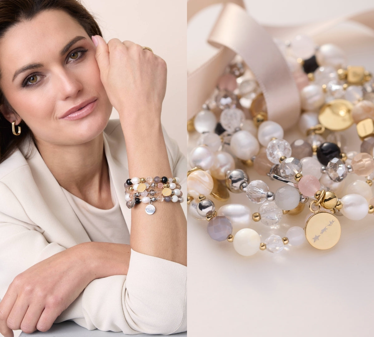 Eine Frau mit elegantem Make-up trägt mehrere Armbänder aus Perlen, Halbedelsteinen und goldenen Elementen. Daneben liegen die Schmuckstücke dekorativ neben einer beigefarbenen Schleife.