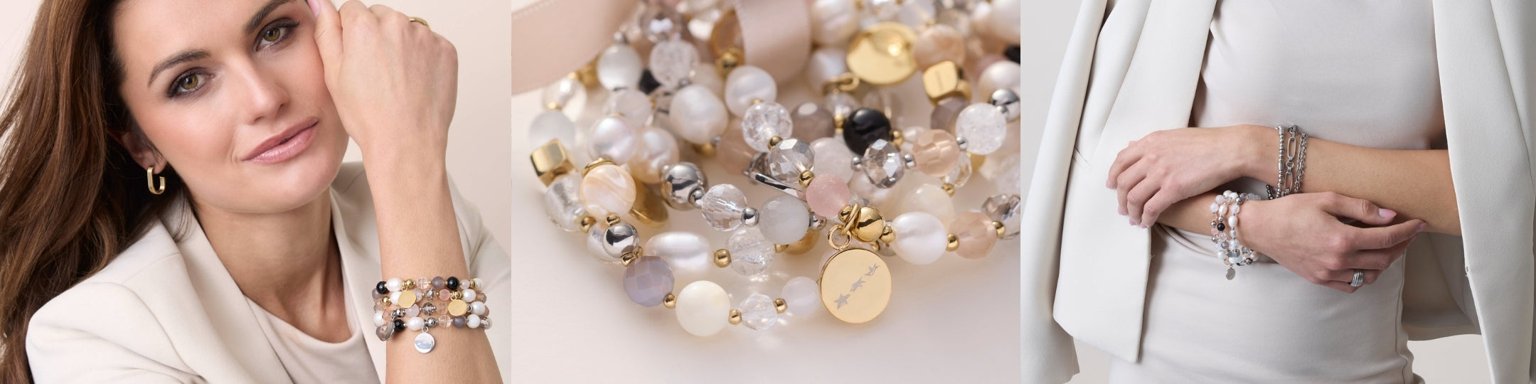 Stimmungsvolle Collage mit einem Detailfoto der Charity-Armbänder, einer stilvollen Trägerin in hellem Outfit und einer Nahaufnahme der hochwertigen Perlen und Anhänger.