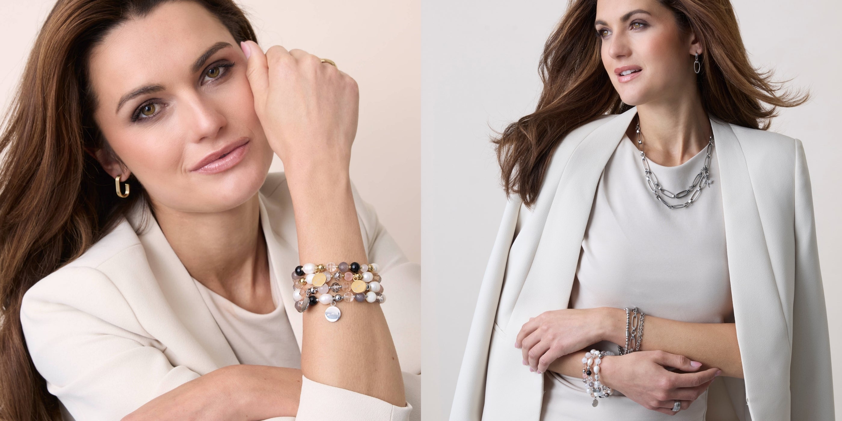 Zweiteilige Imageansicht mit einer Frau, die Perlen-Armbänder trägt, kombiniert mit einer weiteren Szene, in der die Armbänder in Nahaufnahme neben einem Satinband arrangiert sind.