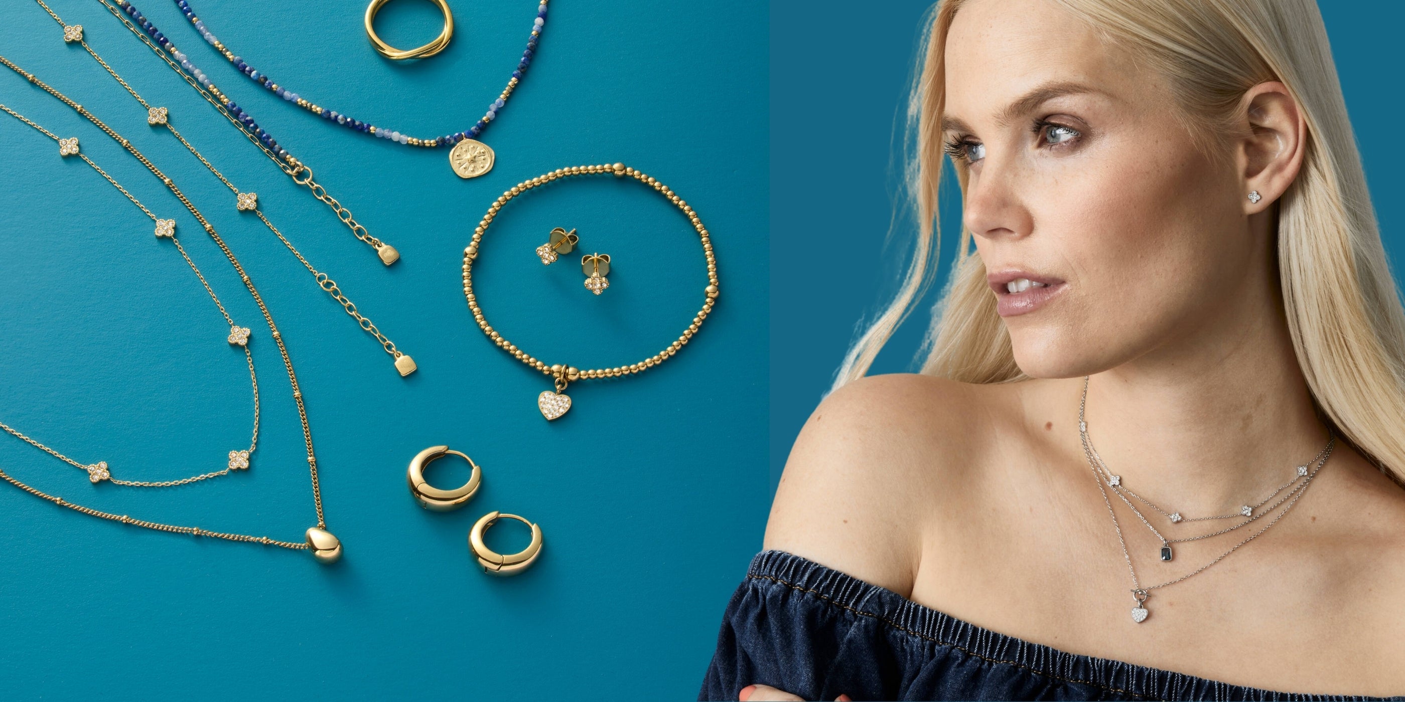 Zweiteilige Darstellung mit Detailaufnahme der goldfarbenen Schmuckstücke auf farbigem Untergrund und einer stilvollen Frau mit filigranen Ketten und Ohrsteckern in Silberoptik.
