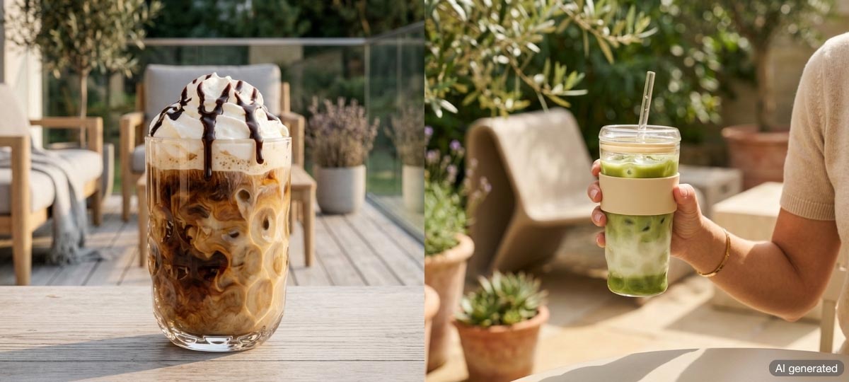 Zwei Eiskaffee-Gläser auf sonniger Terrasse: links Kaffee mit Eis und Sahne, rechts grüner Eistee, umgeben von Pflanzen und Gartenmöbeln