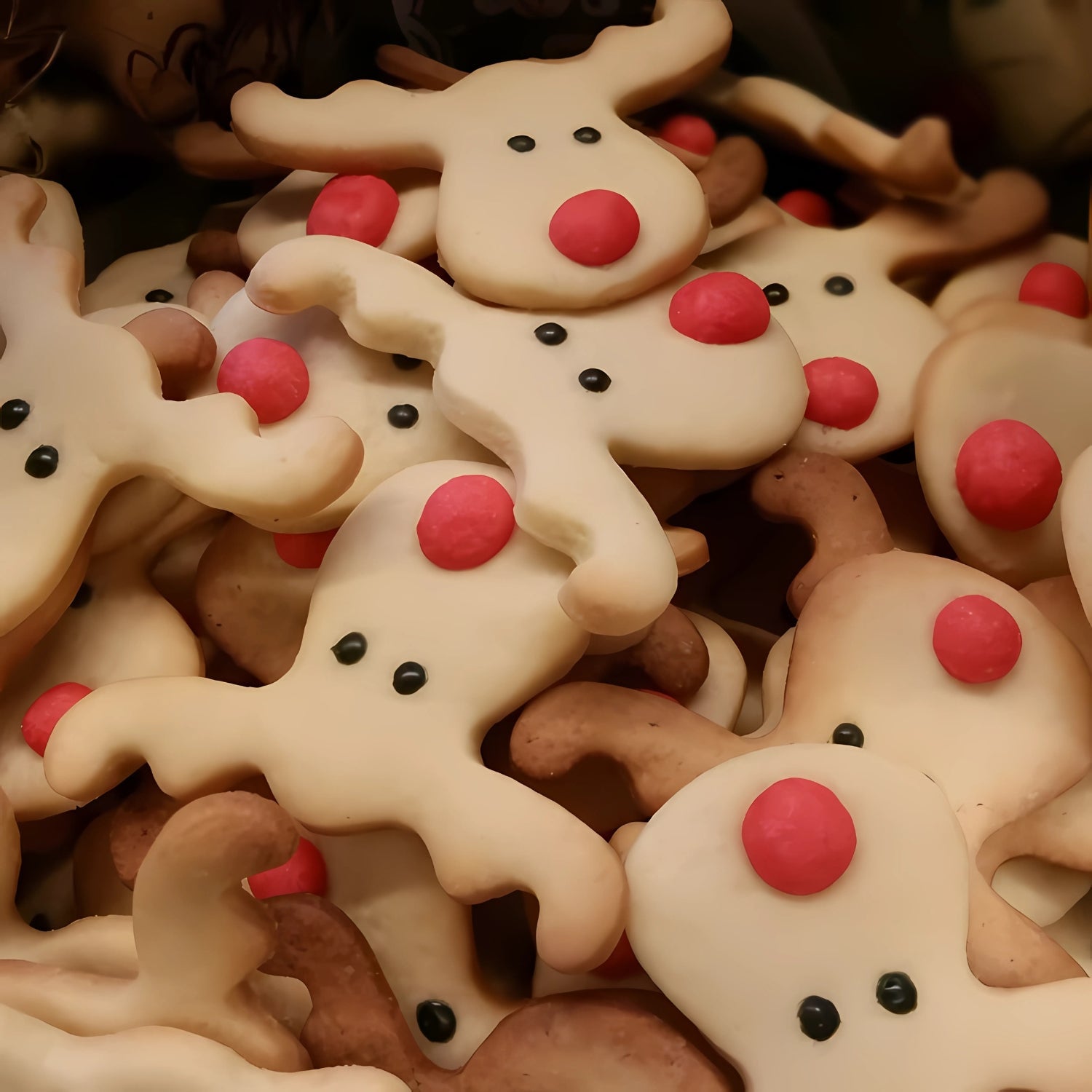Rentier-Plätzchen mit roter Nase und Schokopunkten – bunt gemischt auf einem Teller angerichtet.