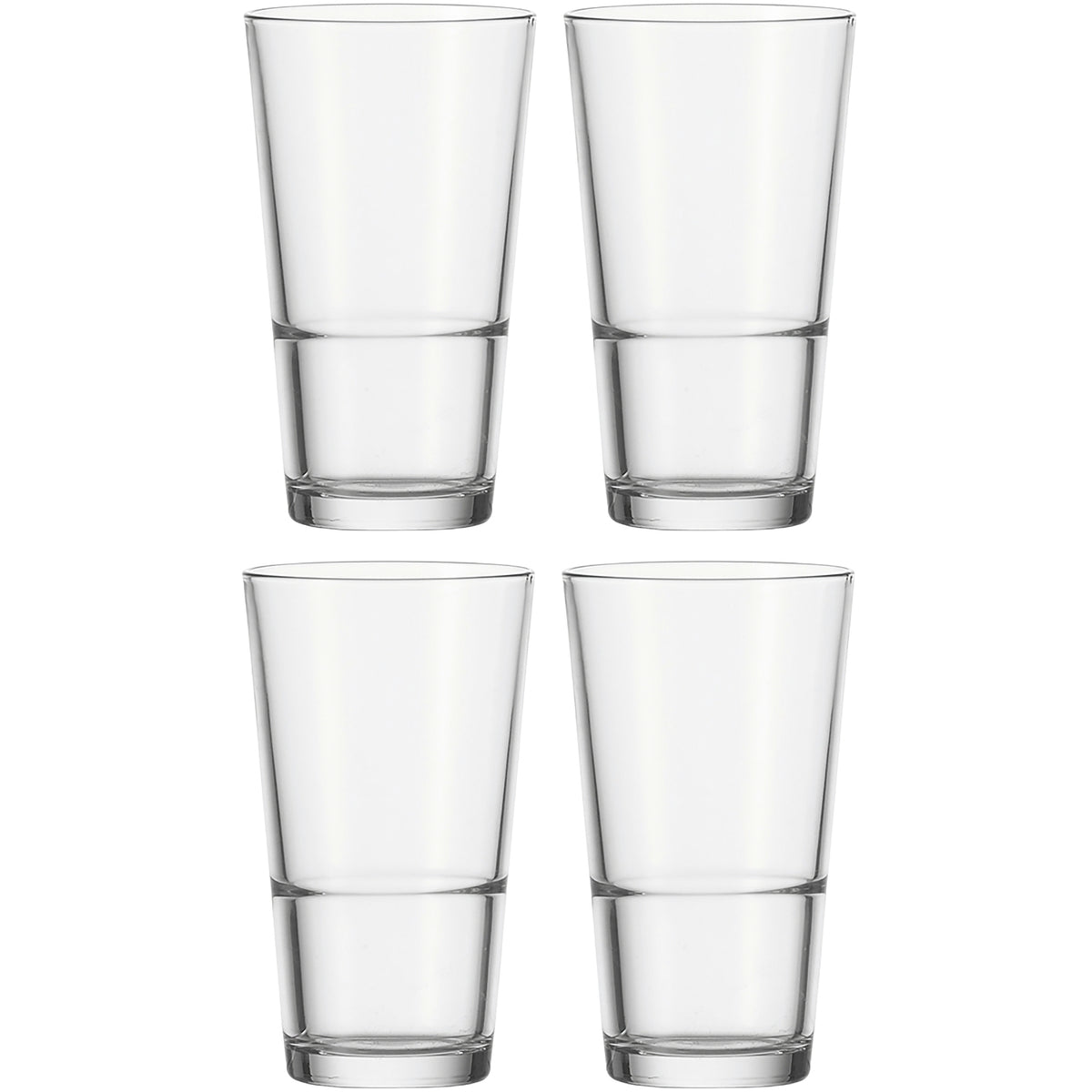 Vier klare Trinkgläser EVENT 550 ml im 4er-Set, angeordnet in zwei Reihen