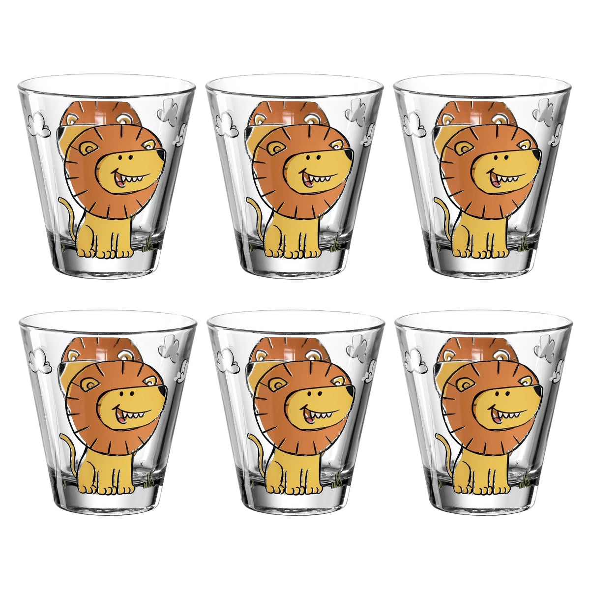 Sechs Trinkgläser BAMBINI mit orangem Löwenmotiv im 6er-Set
