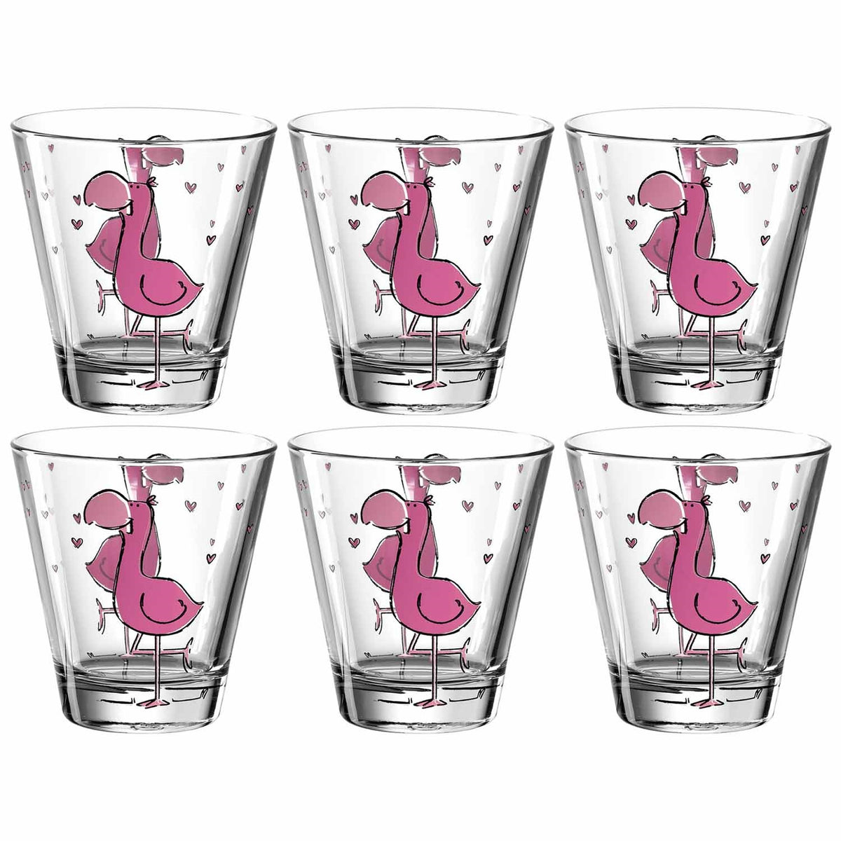Sechs Trinkgläser BAMBINI mit rosa Flamingo-Motiv und Herzen