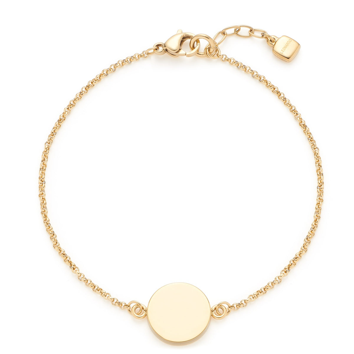 Armband MARLA gold mit rundem Plättchen auf weißem Hintergrund