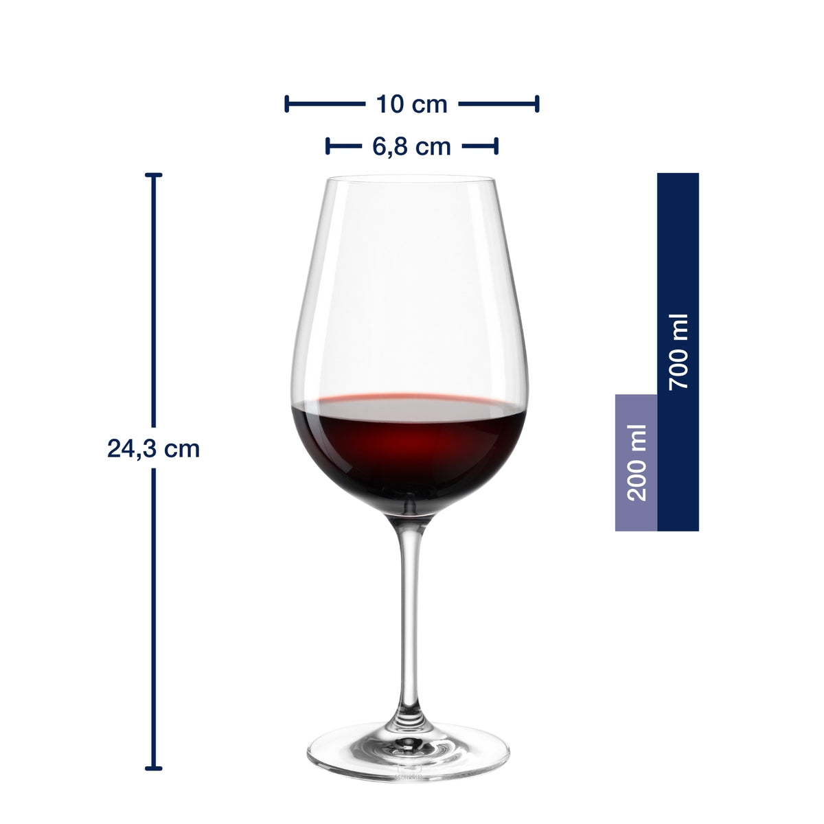 Rotweinglas TIVOLI mit Rotwein gefüllt, Massangaben zum Rotweinglas TIVOLI 700 ml
