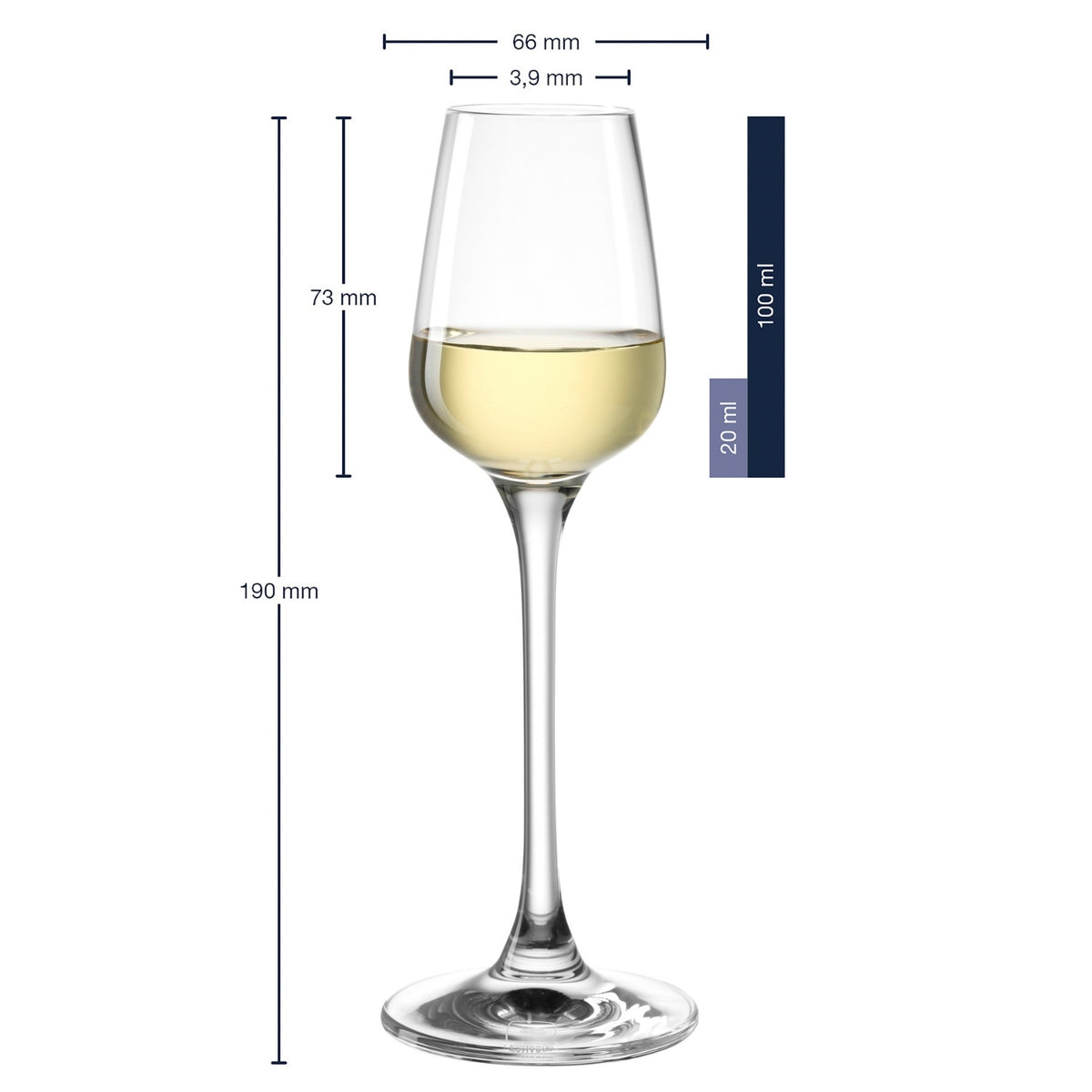 Digestifglas TIVOLI mit Massangaben und Füllung mit Weisswein