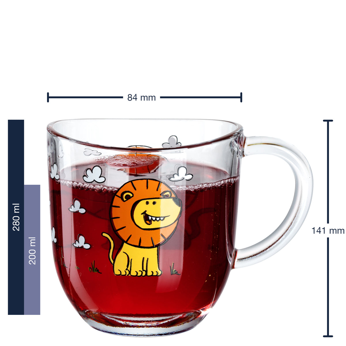 Massangaben zu Tasse BAMBINI 280 ml Löwe mit Rotweinfüllung