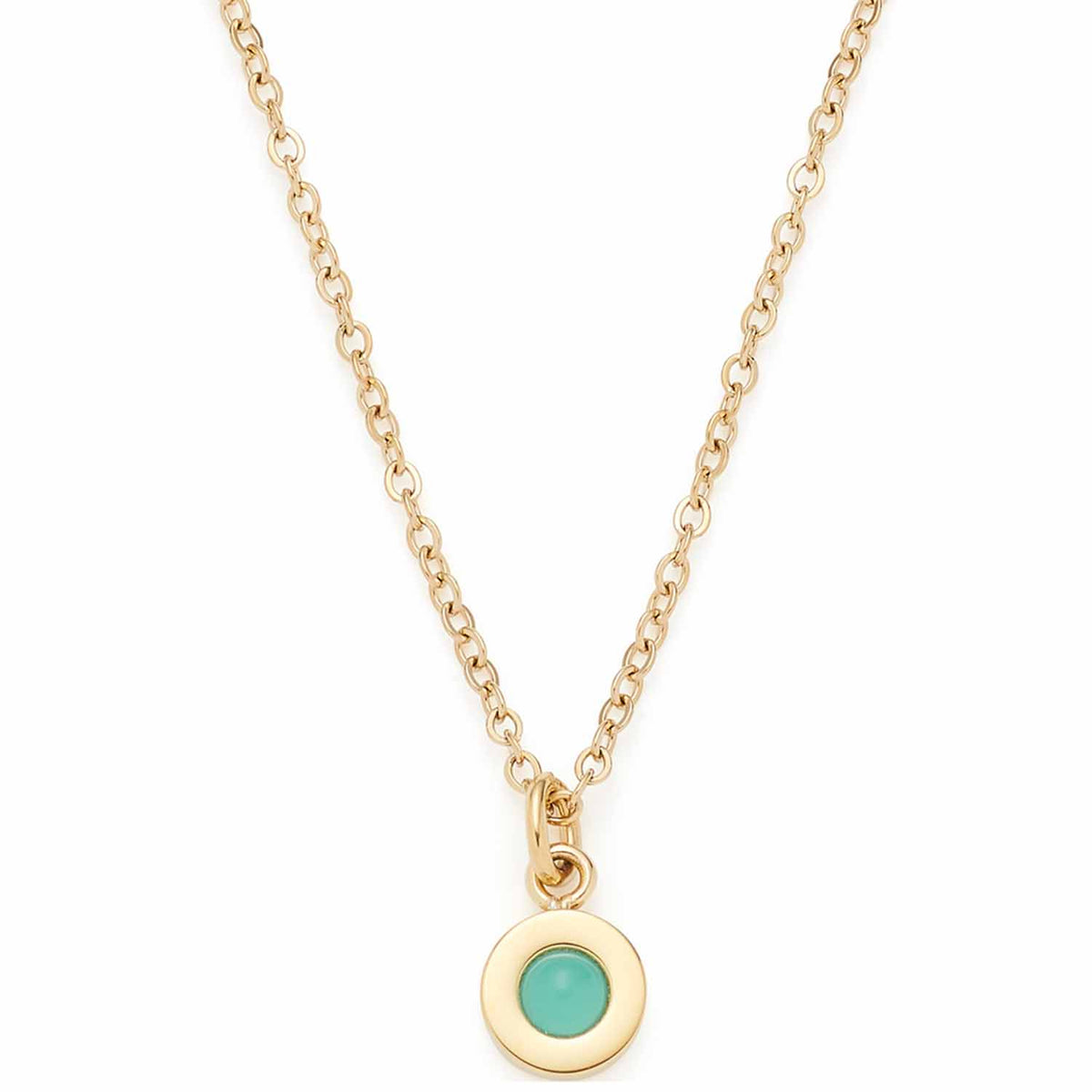 Halskette ISA mit goldfarbener Kette und rundem aquafarbenem Glashänger auf weißem Hintergrund