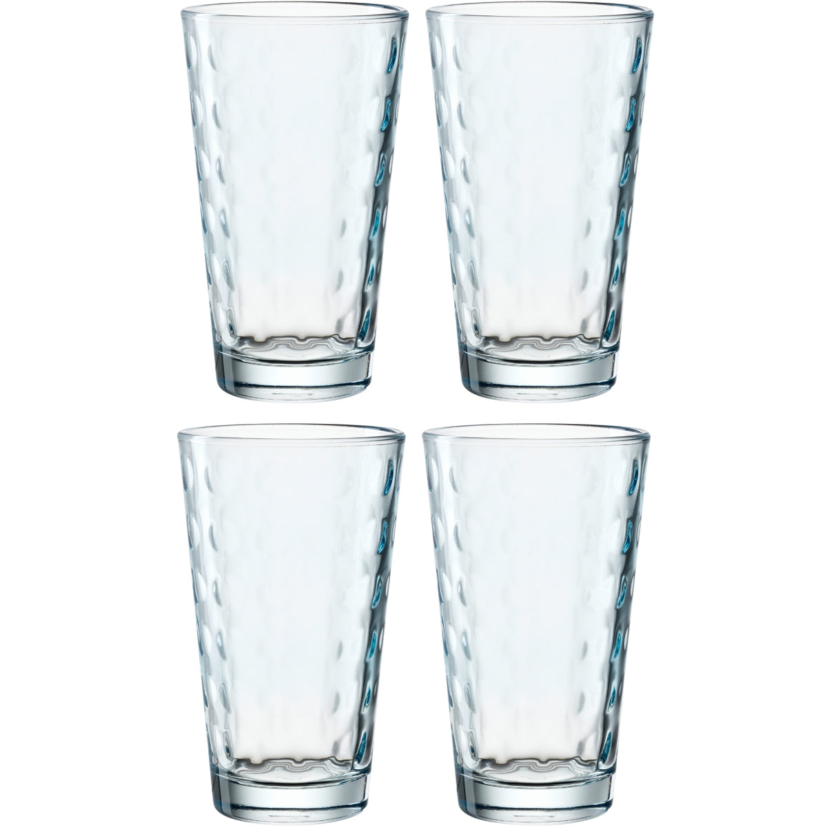 Vier leere Trinkgläser OPTIC 540 ml mit strukturierter Oberfläche, angeordnet in zwei Reihen