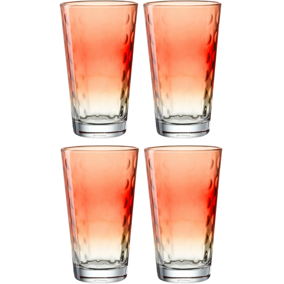 Vier korallenfarbene Trinkgläser OPTIC 540 ml im 4er Set, arrangiert in zwei Reihen