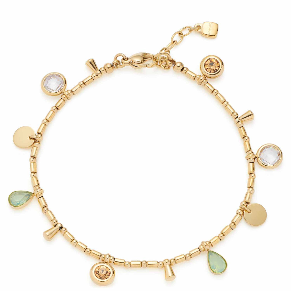 Armband ELLA mit Glas-Anhängern in Grün und Weiß auf goldener Kette