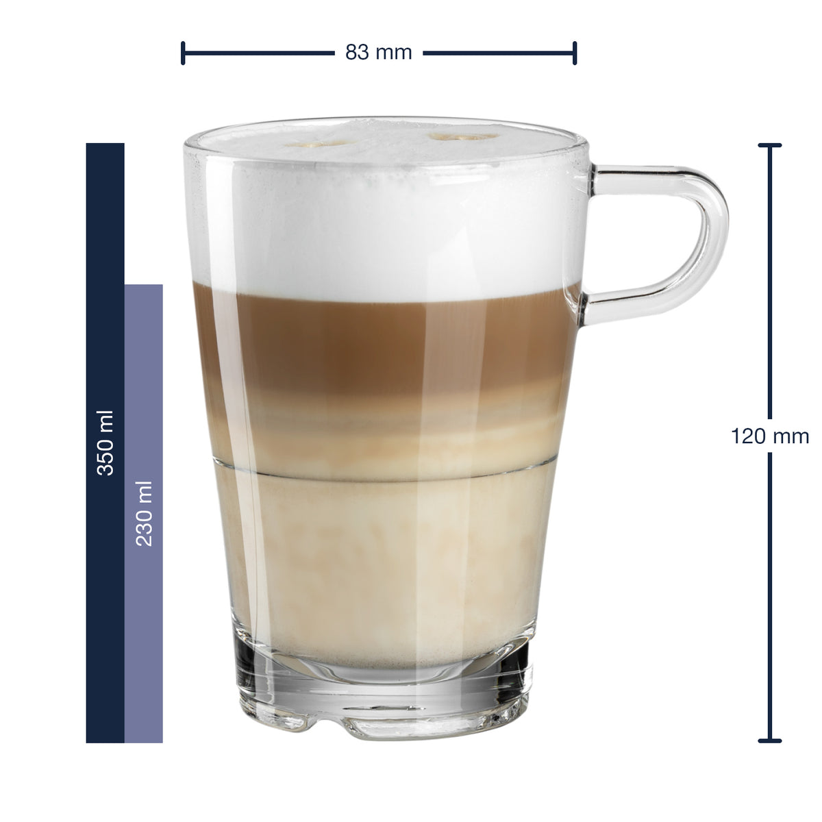 Glastasse SENSO mit Cappuccino, Massangaben und Stapelbarkeit