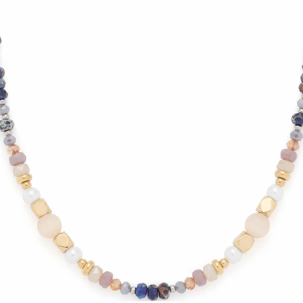 Halskette BABSI mit mehrfarbigen Glasperlen in Beige, Grau und Blau
