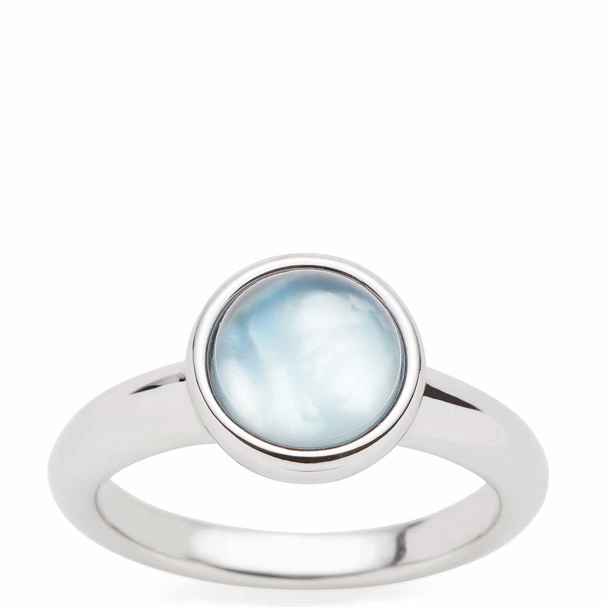 Ring BEA 18 grau blau mit rundem Glascabochon auf weißem Hintergrund