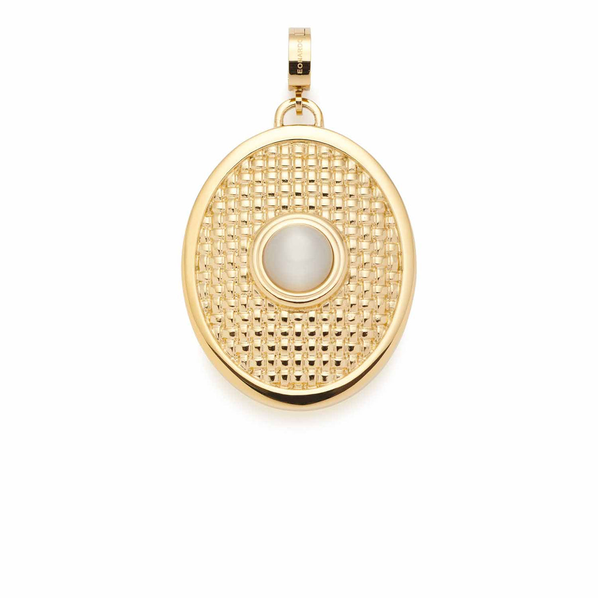 Anhänger FIDELIA gold mit ovalem Gitterdesign und Chatoyance-Stein in der Mitte